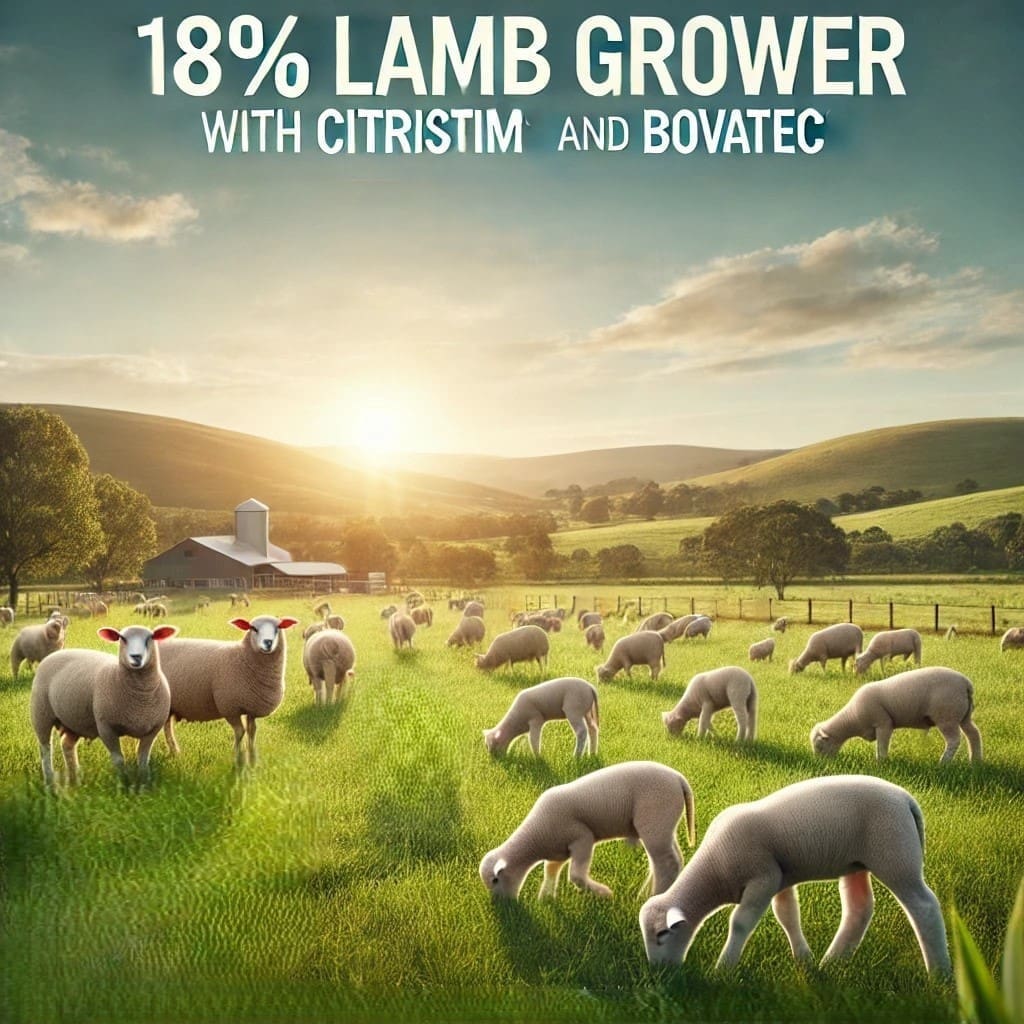 A peaceful farm setting featuring a group of healthy, growing lambs grazing and interacting in a lush, green pasture. The environment is bright with r.jpg