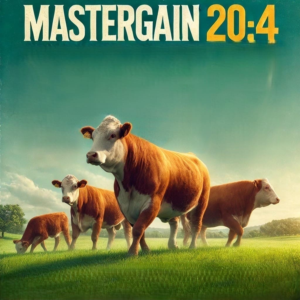 cattle on pasture with words Mastergain 20:4