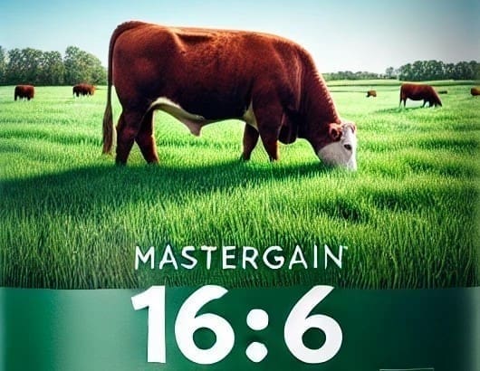 cow on pasture with words Mastergain 16:6