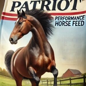 DALL·E 2025-02-21 20.44.16 - A high-quality bag of horse feed labeled 'Patriot® Performance Horse Feed' designed for performance horses. The packaging features an image of a healt
