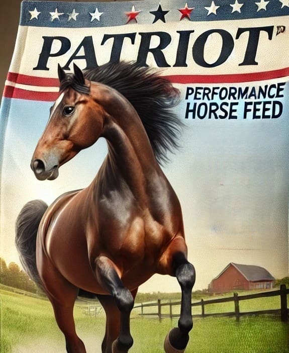 DALL·E 2025-02-21 20.44.16 - A high-quality bag of horse feed labeled 'Patriot® Performance Horse Feed' designed for performance horses. The packaging features an image of a healt