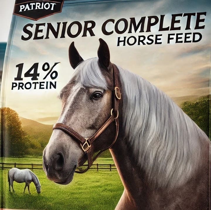 A premium bag of horse feed labeled 'Patriot® Senior Complete Horse Feed' designed for senior horses.