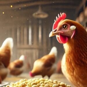 DALL·E 2025-02-21 21.00.38 - A realistic artistic depiction of crumbled chicken feed designed for laying hens. The image features small, uniform, golden-brown feed crumbles in a n