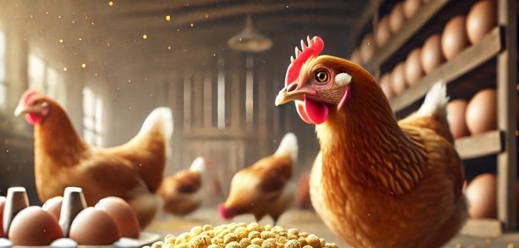 DALL·E 2025-02-21 21.00.38 - A realistic artistic depiction of crumbled chicken feed designed for laying hens. The image features small, uniform, golden-brown feed crumbles in a n