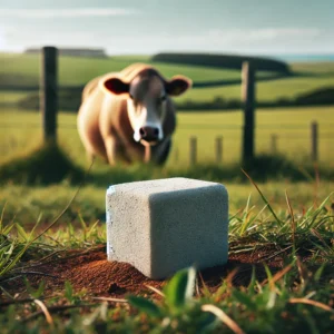 A-peaceful-rural-pasture-with-a-full-grown-cow-in-the-distant-background-licking-a-small-mineral-block.-The-mineral-block-is-placed-far-in-the-backgro.webp