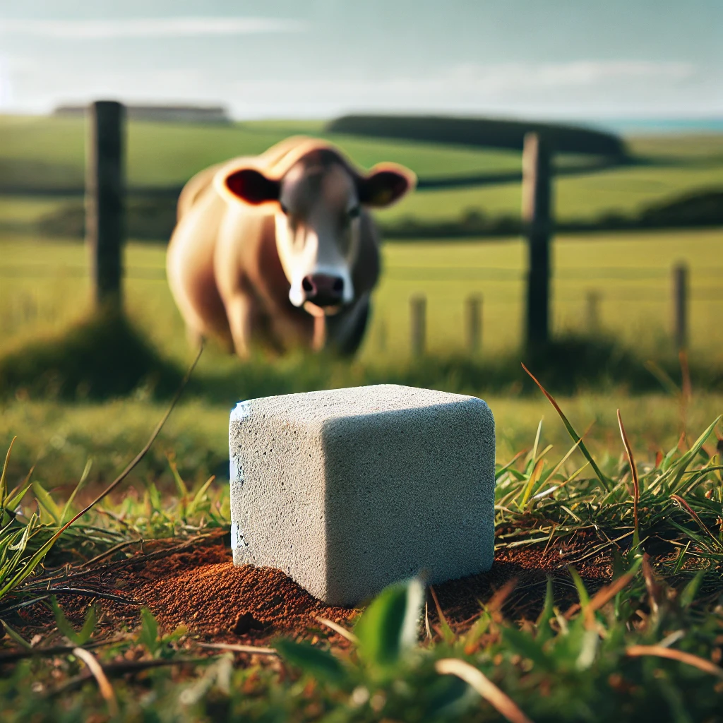 A-peaceful-rural-pasture-with-a-full-grown-cow-in-the-distant-background-licking-a-small-mineral-block.-The-mineral-block-is-placed-far-in-the-backgro.webp