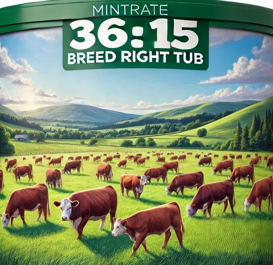 The Mintrate® 36:15 Breed Right Tub is a self-fed supplement designed to complement forage-based diets for cattle. Formulated with 36% crude protein and 15% fat, it provides essential nutrients to support cattle consuming pasture or harvested forages. Key Features: Self-Fed Convenience: Designed for free-choice feeding, reducing labor requirements. 36% Crude Protein: Supplies supplemental protein to aid forage utilization. 15% Fat Content: Offers an energy-dense addition to forage-based diets. Mineral & Vitamin Profile: Includes trace minerals and vitamins. Weather-Resistant Formulation: Maintains quality and palatability under various environmental conditions. Ideal For: Cattle on pasture or low-quality forage requiring additional protein and energy. Cow/calf herds, stockers, and replacement heifers. Operations seeking a self-fed, labor-efficient supplement. Year-round protein and mineral supplementation. Feeding Guidelines: Provide free-choice access to cattle as part of a comprehensive feeding program. Monitor intake to ensure appropriate consumption levels. Why Choose Mintrate® 36:15 Breed Right Tub? This supplement offers a convenient and consistent source of protein and minerals, designed to enhance forage-based feeding programs for cattle.