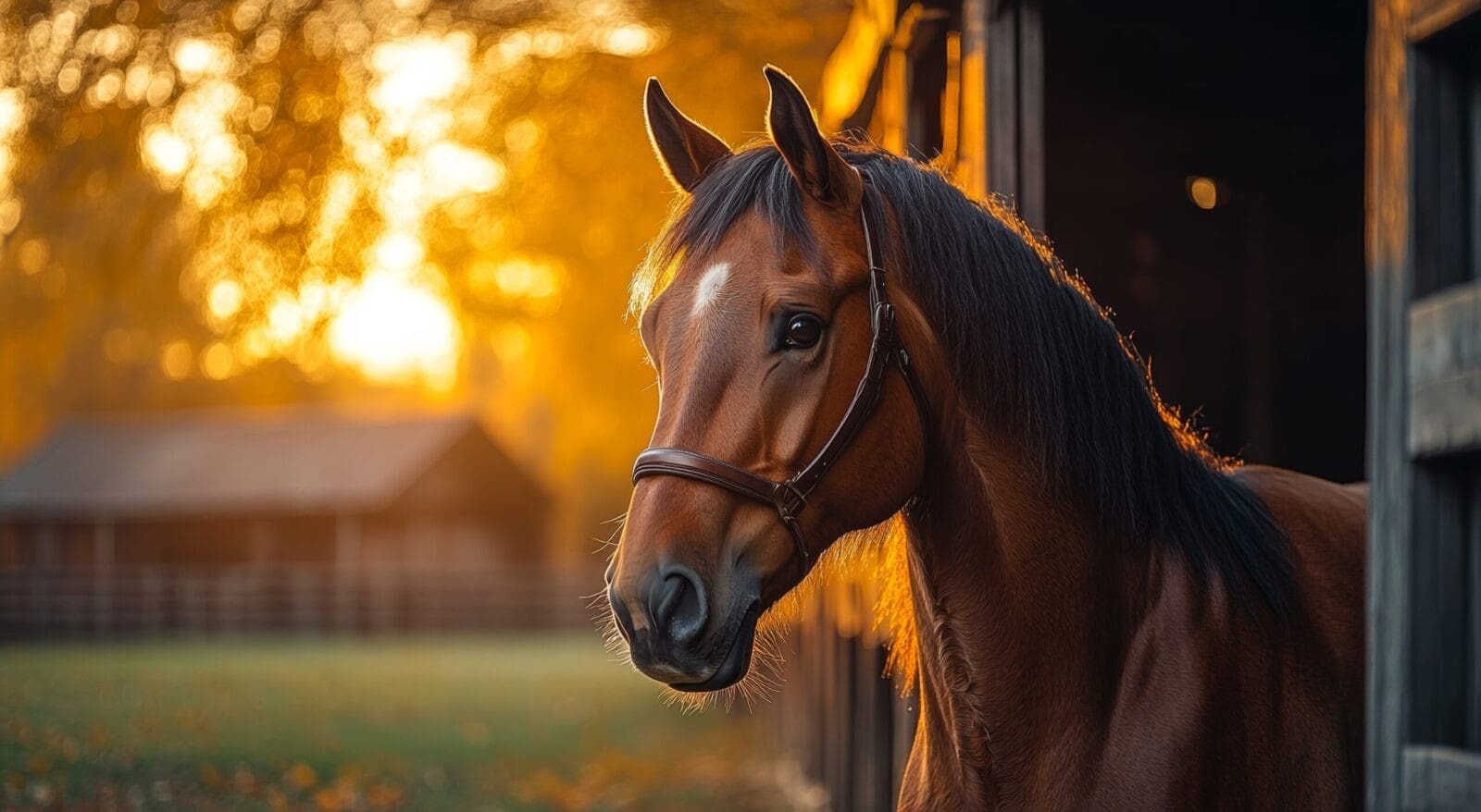 A brown horse is standing in a barn with a sun shining on it. The horse is looking at the camera with a curious expression. The barn is surrounded by trees, and the sun is setting in the background