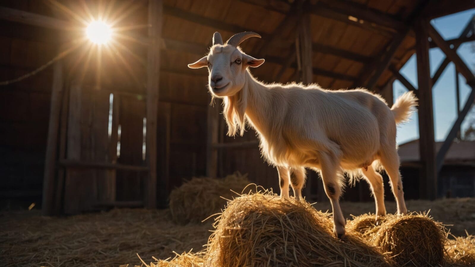 A goat stands on a haystack in a barn, illuminated by sunlight.
