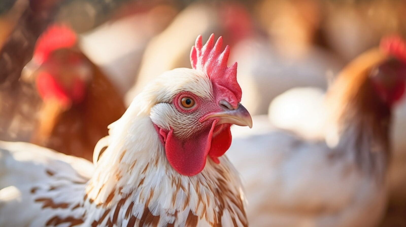 Closeup of a chickens vibrant feathers, a result of proper nutrition and care.