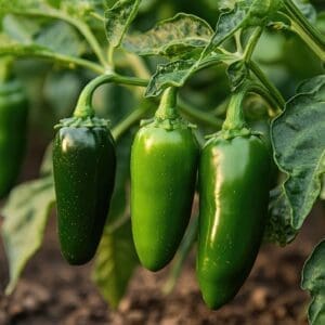 Green bell peppers growing on a plant outside