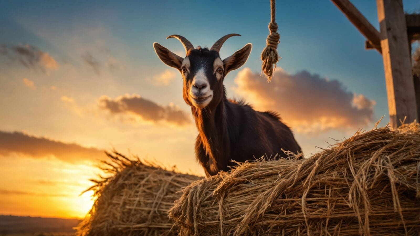 A goat perched on a hay bale against a vibrant sunset sky.