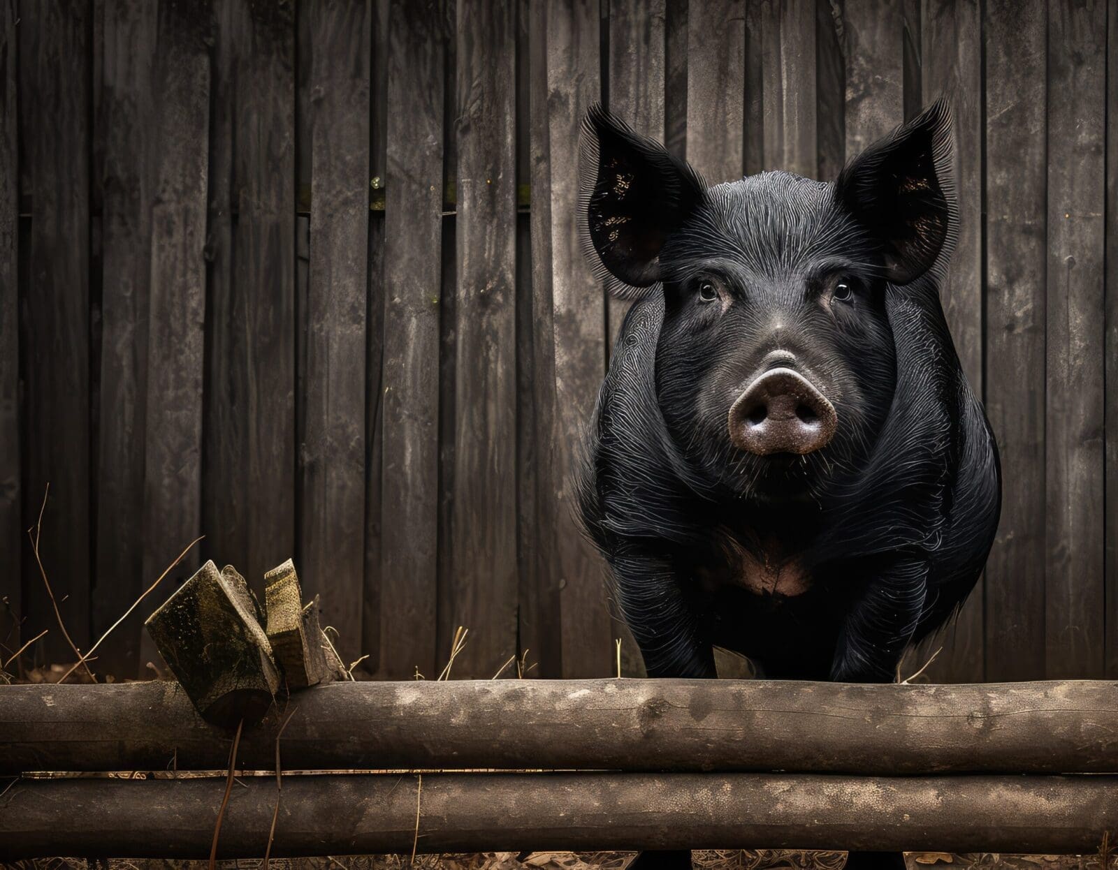 rustic pigs black illustration wooden fence, muscular shiny, coat regal rustic pigs black