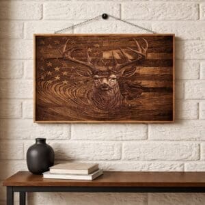 Artisan Engraved American Flag & Whitetail Deer Wood Plaque
